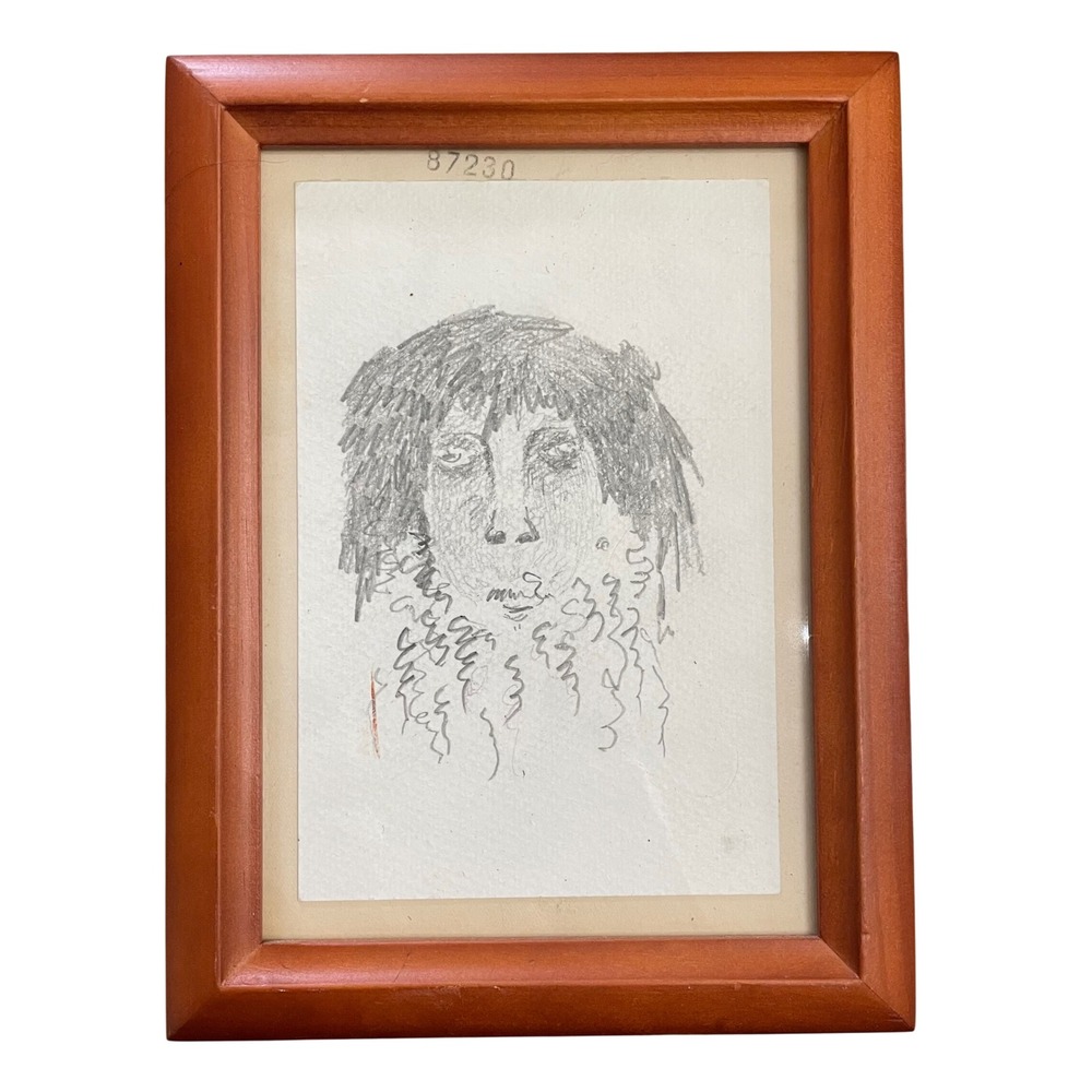Vintage Pencil Sketch Jesus Portrait Original Outsider Folk Art Framed 6x8‎